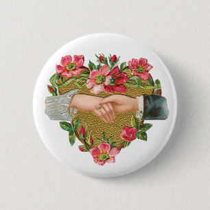 Badge Rond 5 Cm Saint-Valentin, Victorienne vintage, Mains avec Fl