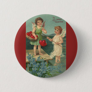Badge Rond 5 Cm Saint-Valentin vintage, Anges pêchant des cœurs