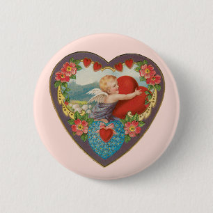 Badge Rond 5 Cm Saint Valentin vintage, Coeurs Cherub victoriens