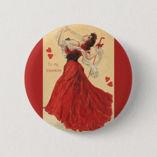 Badge Rond 5 Cm Saint Valentin vintage, Dancing Lady Red Hearts