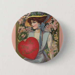 Badge Rond 5 Cm Saint-Valentin vintage, Élégante Dame avec Cœur