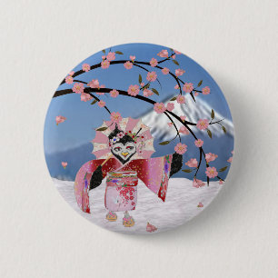 Badge Rond 5 Cm Sakura Geisha Oiseau sous la Neige Cerisier en Fle