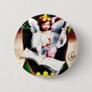Badge Rond 5 Cm Salutation de Noël avec l'ange jouant la musique