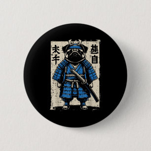 Badge Rond 5 Cm Samouraï Pug Chien Drôle Guerrier Japonais Art Hom