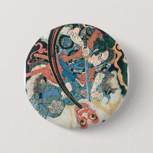Badge Rond 5 Cm Samouraï tuant un démon, peinture japonaise anci