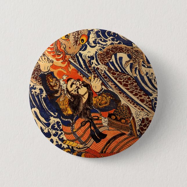 Badge Rond 5 Cm Samurai tue un monstre marin (Devant)