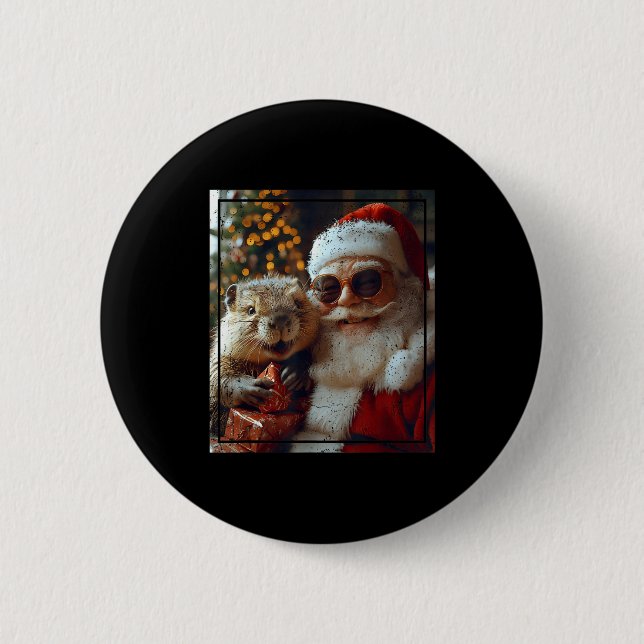Badge Rond 5 Cm Santa And Beaver Selfie Funny Christmas Design  (Devant)