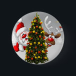 Badge Rond 5 Cm Santa claus and reindeer behind a christmas tree.j<br><div class="desc">christmas santa claus reindeer,  frofrisend friends ful funny ,  vintage magic snowflake art,  2020 happy new year,  joy gift snow flying,  year new celebration deer,  happy xmas winter holiday,  bell merry cartoon illustration,  fun animal cute,  reindeer christmas clmas</div>