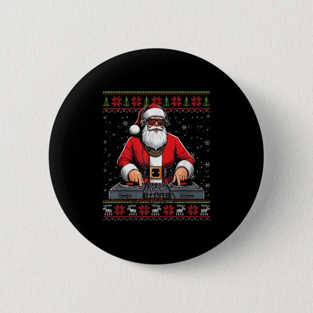 Badge Rond 5 Cm Santa Claus Dj Mixer Music Ugly Christmas Sweater  (Devant)