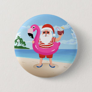 Badge Rond 5 Cm Santa Claus with flamingo inflatable ring