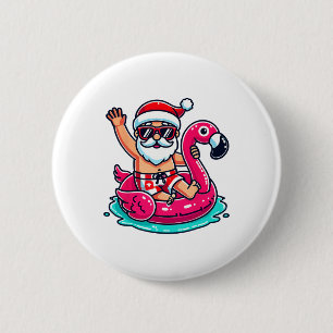 Badge Rond 5 Cm Santa Flamingo Flotteur Plage Noël Drôle En Ju