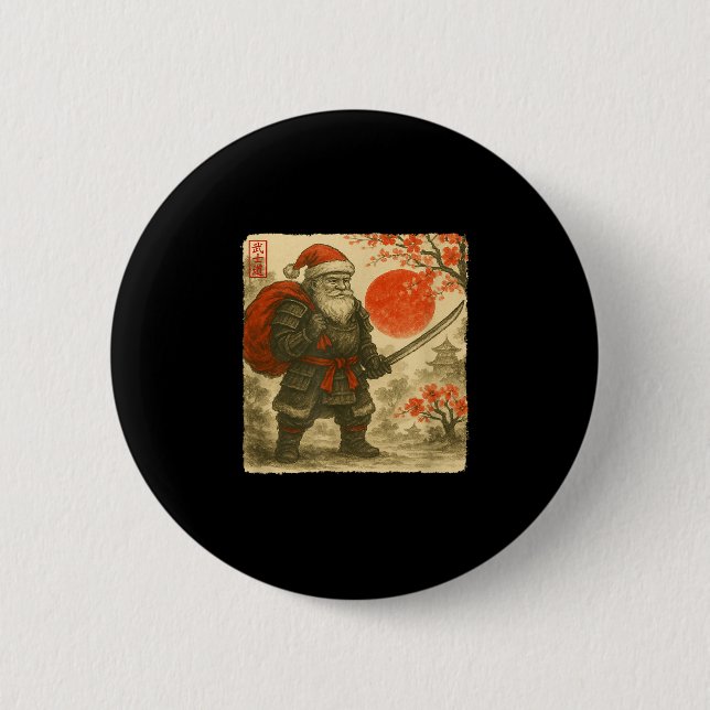 Badge Rond 5 Cm Santa Samurai Japanese Warrior Costume Sumi-e Art  (Devant)