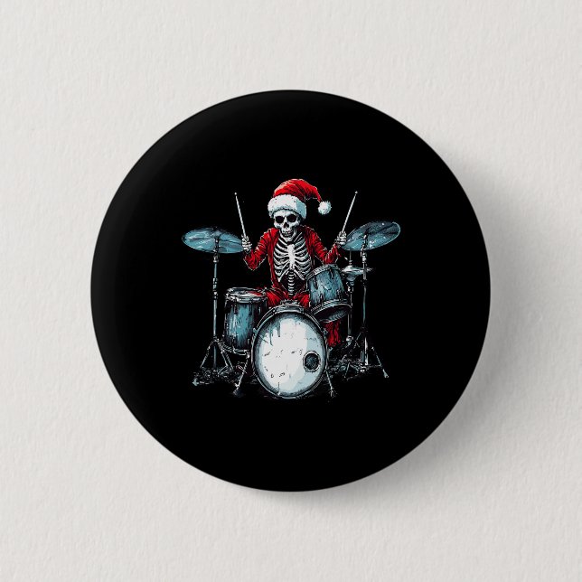 Badge Rond 5 Cm Santa Skeleton Playing Drum Drummer Percussionist  (Devant)