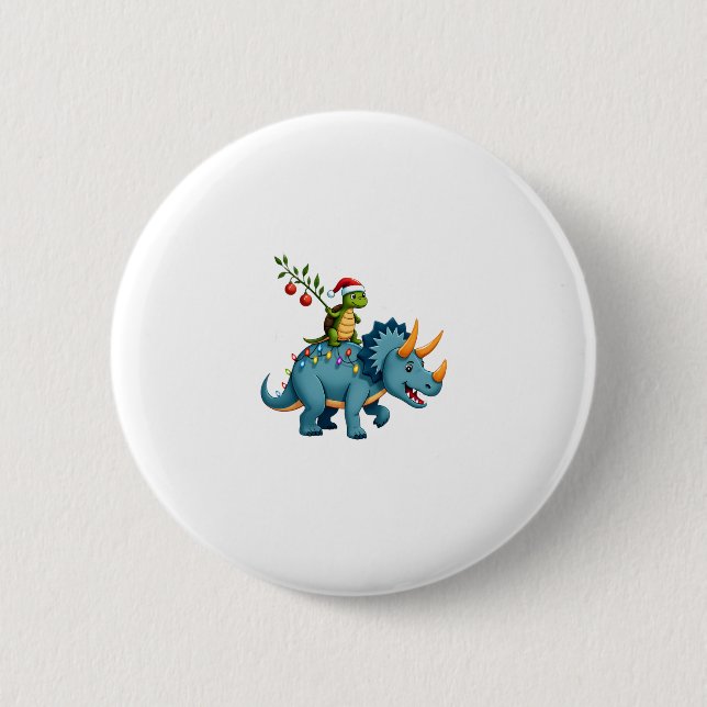 Badge Rond 5 Cm Santa Turtle Riding T-Rex Reindeer Christmas Light (Devant)