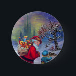 BADGE ROND 5 CM SANTA WITH TOYS AND CHILD IN THE WINTER SNOW<br><div class="desc">Colorful digital collage with  a vintage Santa ,  Snowy Winter landscape with Gothic Cathedral .</div>