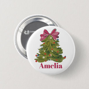 Badge Rond 5 Cm Sapin de Noël Féminin Coquette Nom Personnalisé