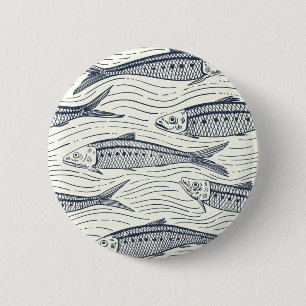 Badge Rond 5 Cm Sardines en mouvement en bleu marine et ivoire