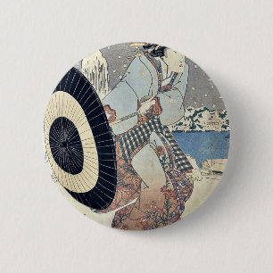 Badge Rond 5 Cm Scène de neige de nuit au pont par Utagawa,