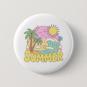 Badge Rond 5 Cm Scène de plage estivale groovy rétro avec palmiers