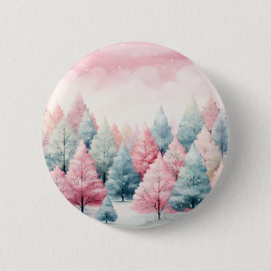 Badge Rond 5 Cm Scène hivernale de la menthe et des sapins roses