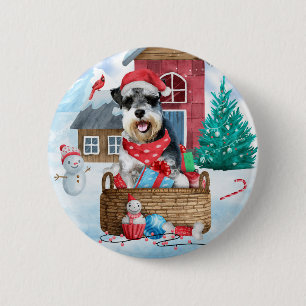 Badge Rond 5 Cm Schnauzer Chien dans la neige Maison de Chien de N