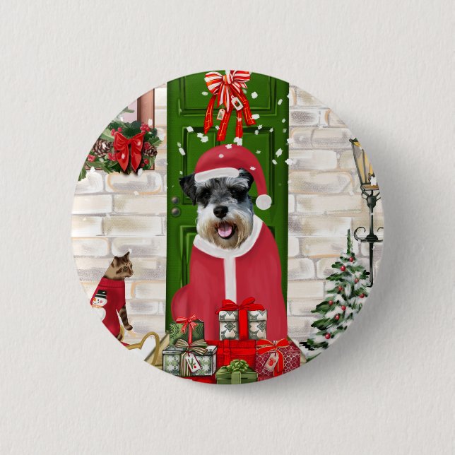Badge Rond 5 Cm Schnauzer Chien Noël (Devant)