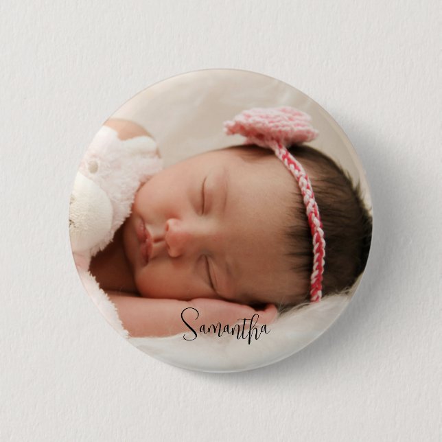 Badge Rond 5 Cm Script de nom photo de bébé personnalisé (Devant)