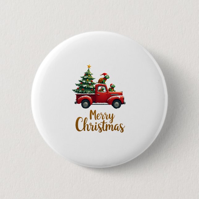 Badge Rond 5 Cm Sea Turtles Driving Christmas Tree Truck Turtle Ch (Devant)