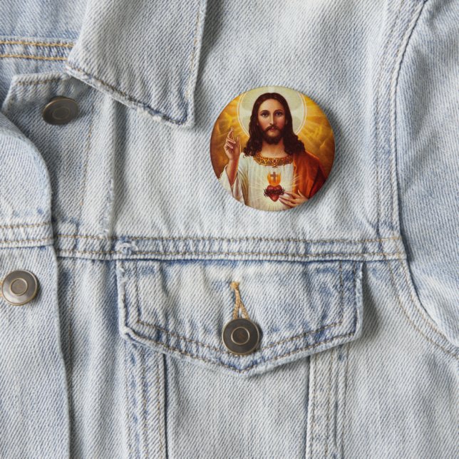 Patch Sacré-Cœur De Jésus Rond Bleu 6 Cm - Broderie Premium, Dos Scratch (Velcro) - Pour Vêtement, Sac, Accessoire