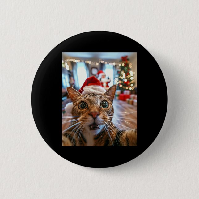 Badge Rond 5 Cm Selfie Chat Drôle Avec Père Noël Noël 13 (Devant)
