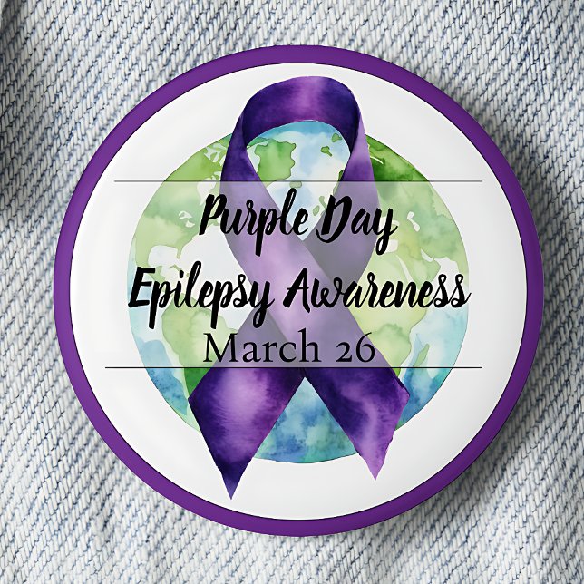 Badge Rond 5 Cm Sensibilisation à l'épilepsie de la journée violet (Purple Ribbon & Globe Purple Day for Epilepsy Awareness March 26 pinback button.)