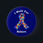 Badge Rond 5 Cm Sensibilisation sur l'autisme Ruban sur mesure col<br><div class="desc">Bouton bleu de Sensibilisation sur l'autisme personnalisée pour les amis autistes ou la famille qui participent à une marche de collecte de fonds. Un cadeau de père ou de mère autiste cool qui peut être personnalisé avec n'importe quel texte sous le ruban de la pièce de puzzle de bleu, jaune...</div>