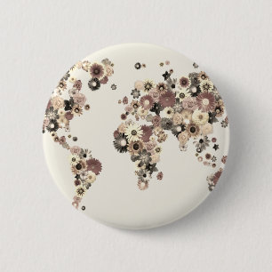Badge Rond 5 Cm Sépia de carte du monde de fleur