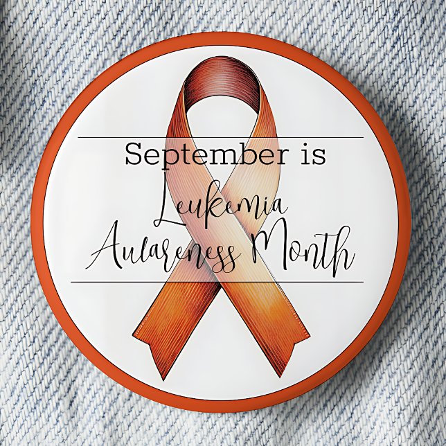 Badge Rond 5 Cm Septembre Mois de sensibilisation à la leucémie (September is Leukemia Awareness Month pinback button.  Orange awareness ribbon.)