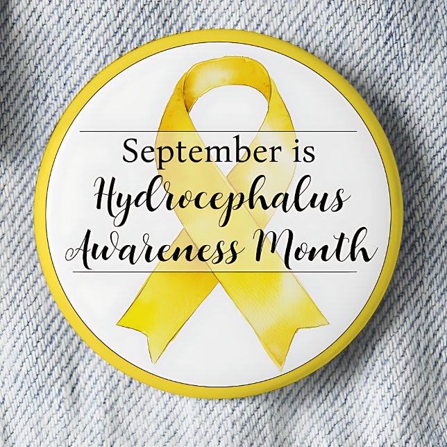 Badge Rond 5 Cm Septembre Mois de sensibilisation à l'hydrocéphali (September is Hydrocephalus Awareness Month pinback button.  Yellow awareness ribbon.)
