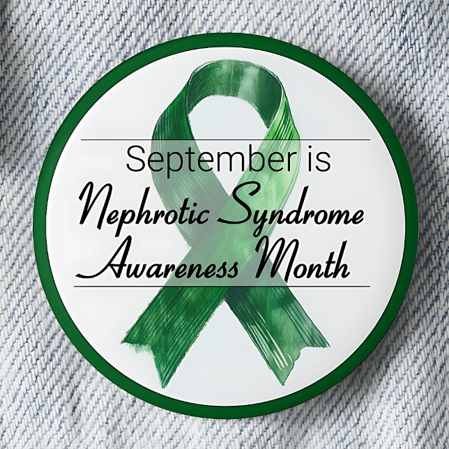 Badge Rond 5 Cm Septembre Mois de sensibilisation au syndrome néph (September is Nephrotic Syndrome Awareness Month pinback button.  Green awareness ribbon.)