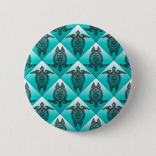 Badge Rond 5 Cm Shamanic Tortues de mer Motif - cyan