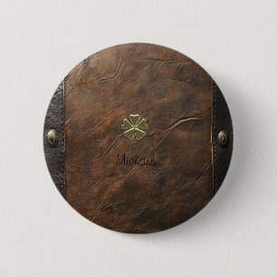 Badge Rond 5 Cm Shamrock d'or St.Patrick`s Day, Cuir Brown