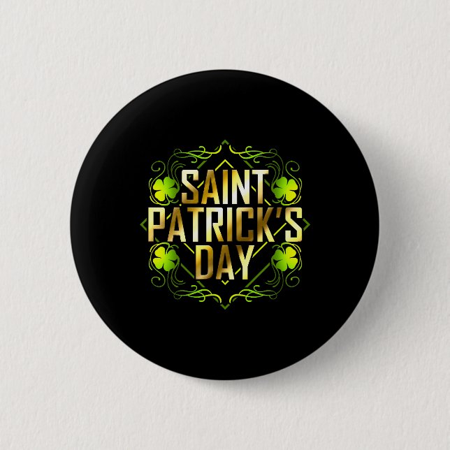 Badge Rond 5 Cm Shamrock Vert Et Saint-Patricks Dorés (Devant)