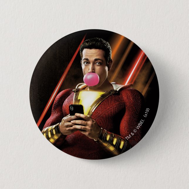 Badge Rond 5 Cm SHAZAM ! | Shazam soufflant la bulle gomme (Devant)