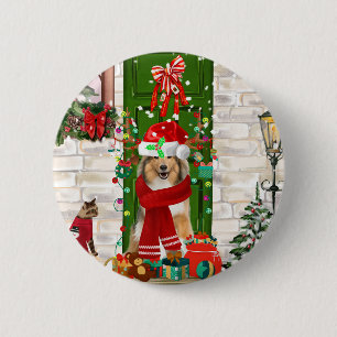 Badge Rond 5 Cm Sheltie Chien Noël
