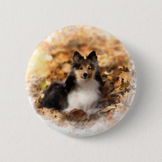 Badge Rond 5 Cm Sheltie Shetland Sheepdog Art Peinture (Devant)