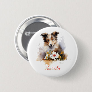 Badge Rond 5 Cm Shetland Sheepdog Chiot Pet Aquarelle