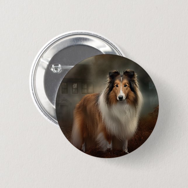 Badge Rond 5 Cm Shetland Sheepdog Halloween effrayant (Devant & derrière)
