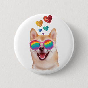 Badge Rond 5 Cm Shiba Inu Chien avec Coeurs Saint Valentin
