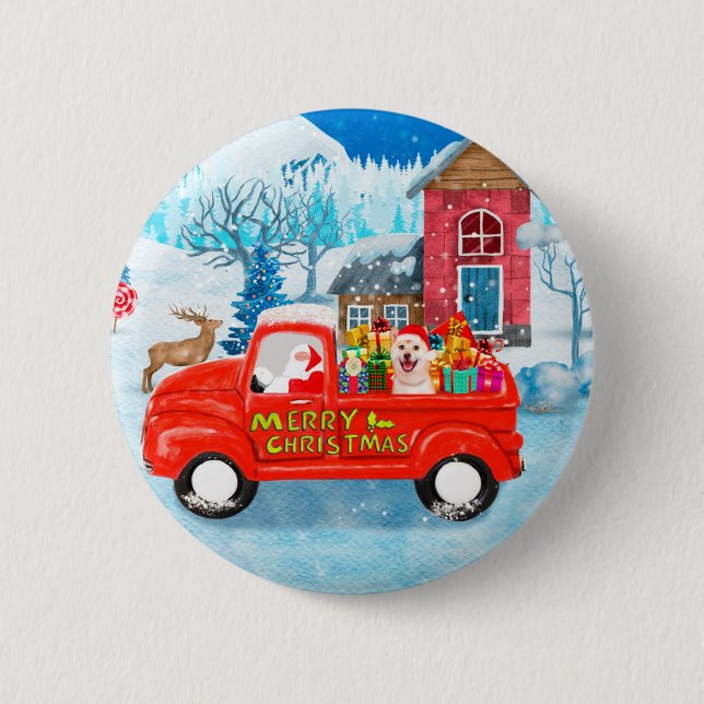 Badge Rond 5 Cm Shiba Inu Chien Livraison de Noël Camion Neige (Devant)