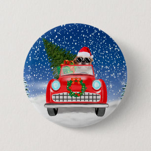 Badge Rond 5 Cm Shih Tzu Chien Conduisant une Voiture Dans la Neig
