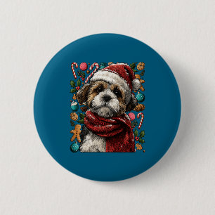 Badge Rond 5 Cm Shih Tzu festif avec chapeau de Père Noël enneigé