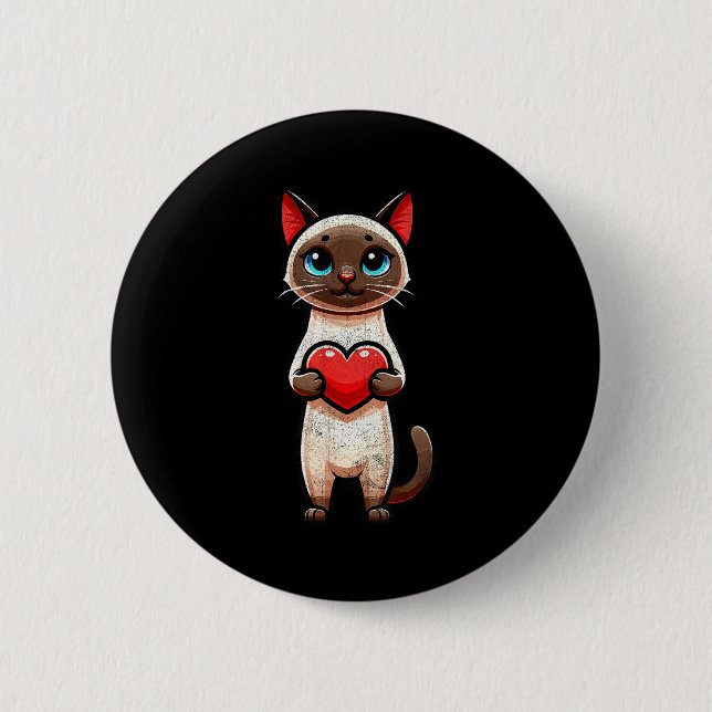 Badge Rond 5 Cm Siamese Cat Valentines Heart Lover Funny Boys Girl (Devant)