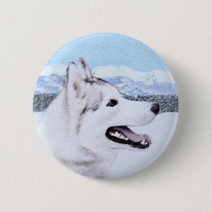 Badge Rond 5 Cm Sibérie Husky (argent et blanc) Peinture Chien Art